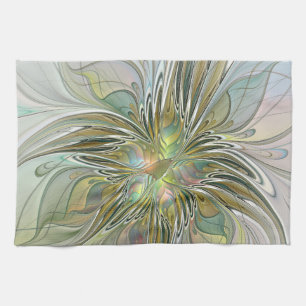 Floral Fantasy Modern Fractal Art Flower With Gold Kitchen Towel