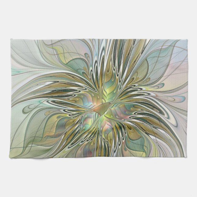 Floral Fantasy Modern Fractal Art Flower With Gold Kitchen Towel (Horizontal)