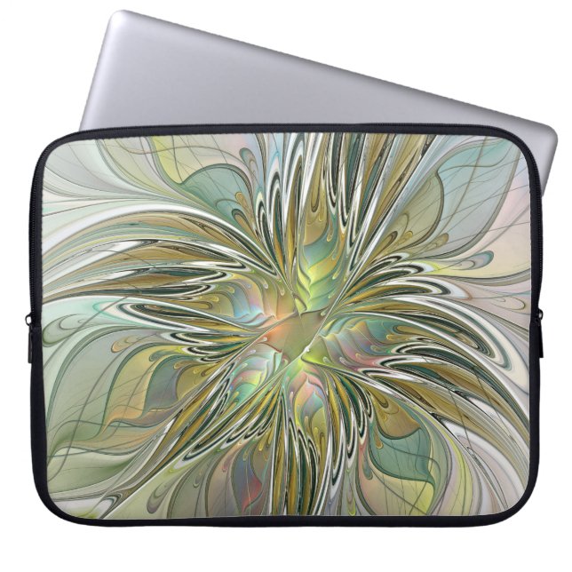 Floral Fantasy Modern Fractal Art Flower With Gold Laptop Sleeve (Front)