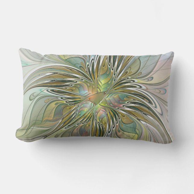 Floral Fantasy Modern Fractal Art Flower With Gold Lumbar Pillow (Front)