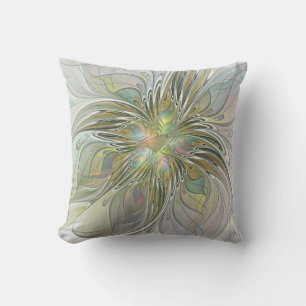 Floral Fantasy Modern Fractal Art Flower With Gold Outdoor Pillow