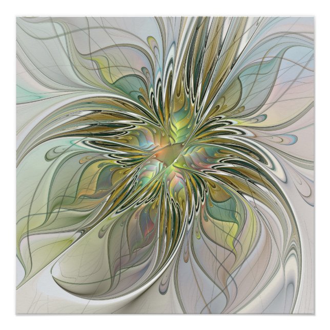 Floral Fantasy Modern Fractal Art Flower With Gold Poster (Front)