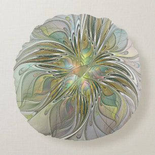 Floral Fantasy Modern Fractal Art Flower With Gold Round Pillow