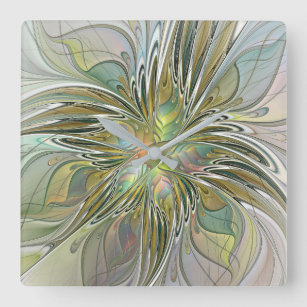 Floral Fantasy Modern Fractal Art Flower With Gold Square Wall Clock