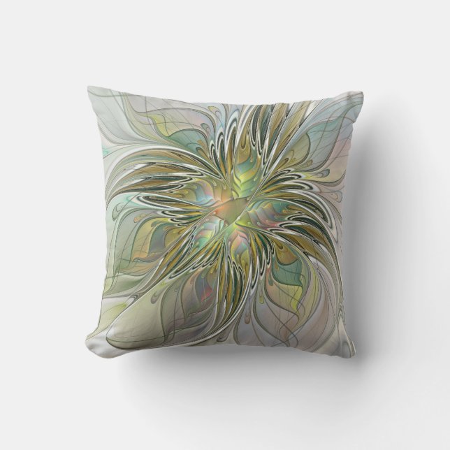 Floral Fantasy Modern Fractal Art Flower With Gold Throw Pillow (Front)