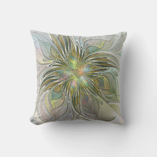 Floral Fantasy Modern Fractal Art Flower With Gold Throw Pillow