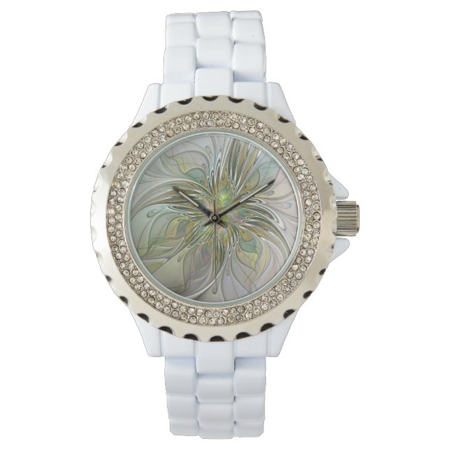 Floral Fantasy Modern Fractal Art Flower With Gold Watch (Front)