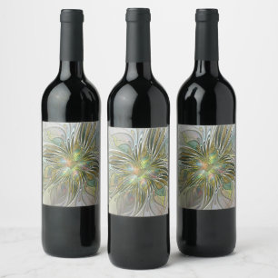 Floral Fantasy Modern Fractal Art Flower With Gold Wine Label