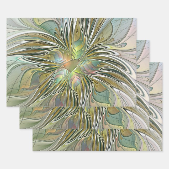 Floral Fantasy Modern Fractal Art Flower With Gold Wrapping Paper Sheet (Set)