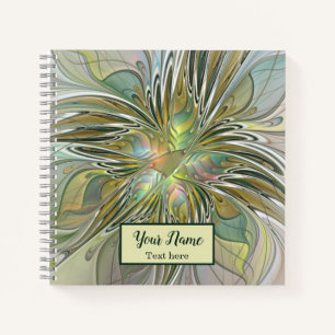 Floral Fantasy Modern Fractal Flower W. Gold Name Notebook
