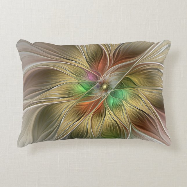 Floral Fantasy With Gold Modern Abstract Fractal Accent Pillow (Front)