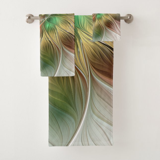 Floral Fantasy With Gold Modern Abstract Fractal Bath Towel Set (Insitu)