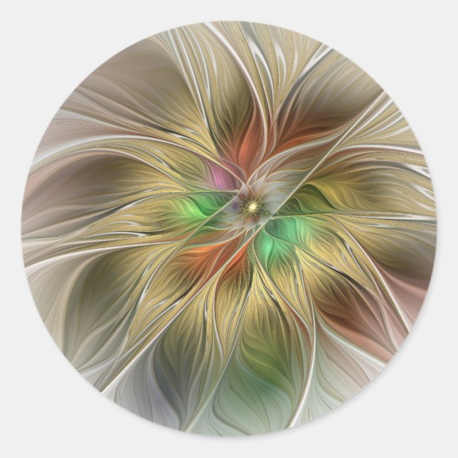Floral Fantasy With Gold Modern Abstract Fractal Classic Round Sticker (Front)