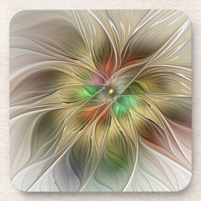 Floral Fantasy With Gold Modern Abstract Fractal Coaster (Front)