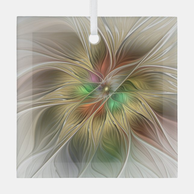 Floral Fantasy With Gold Modern Abstract Fractal Glass Ornament (Front)