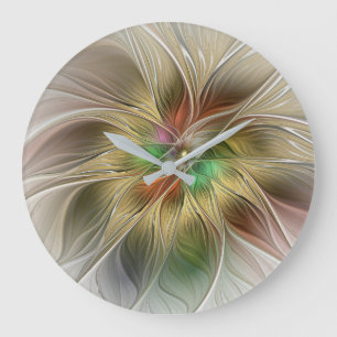 Floral Fantasy With Gold Modern Abstract Fractal Large Clock