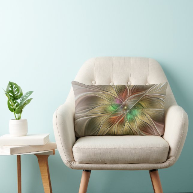 Floral Fantasy With Gold Modern Abstract Fractal Lumbar Pillow (Chair)
