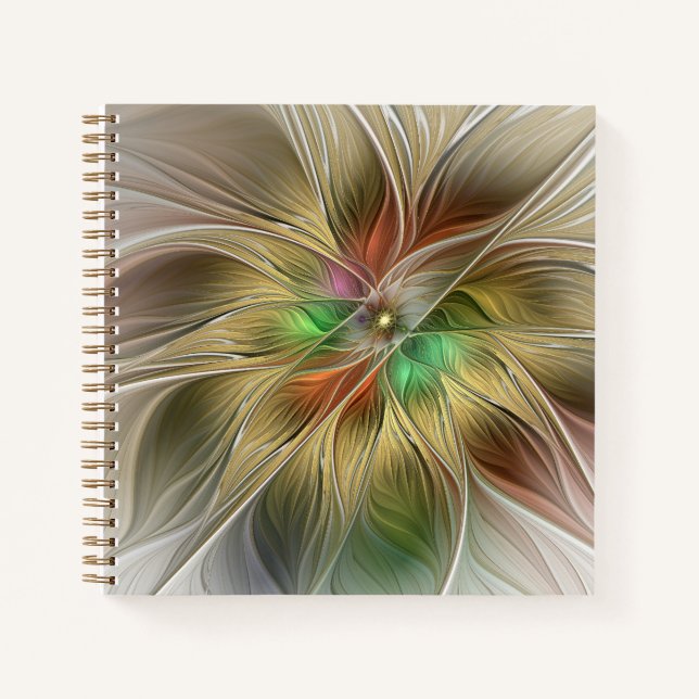 Floral Fantasy With Gold Modern Abstract Fractal Notebook (Front)