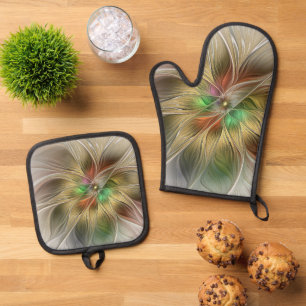 Floral Fantasy With Gold Modern Abstract Fractal Oven Mitt & Pot Holder Set