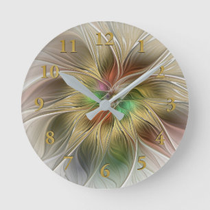 Floral Fantasy With Gold Modern Abstract Fractal Round Clock