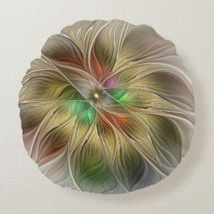 Floral Fantasy With Gold Modern Abstract Fractal Round Pillow