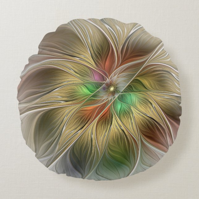 Floral Fantasy With Gold Modern Abstract Fractal Round Pillow (Front)
