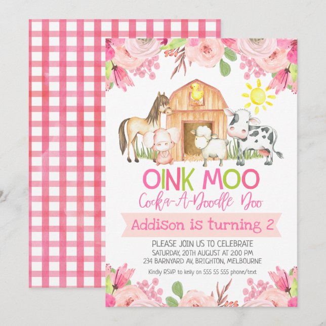 Floral Farm Animals Birthday Invitations (Front/Back)
