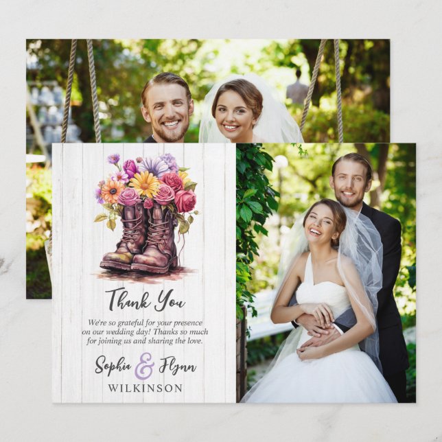 Floral Farm Boots Rustic Wedding Thank You Card (Front/Back)