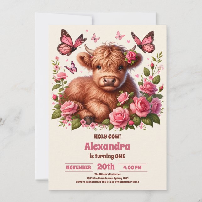 Floral Farm Holy Cow Highland 1st Birthday Invitation (Front)