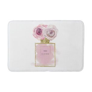 Floral Fashion Perfume Bottle Pink Roses Gold Glam Bath Mat