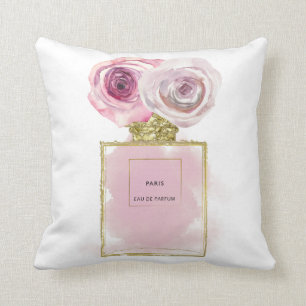 Floral Fashion Perfume Bottle Pink Roses Gold Glam Throw Pillow