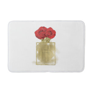 Floral Fashion Perfume Bottle Red Roses Gold Glam Bath Mat