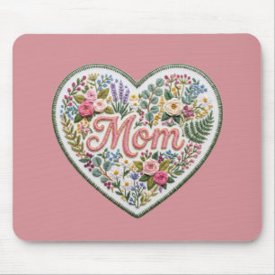 Floral Faux Embroidery Heart Mom Mouse Pad
