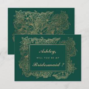 Floral faux gold emerald green be my bridesmaid invitation