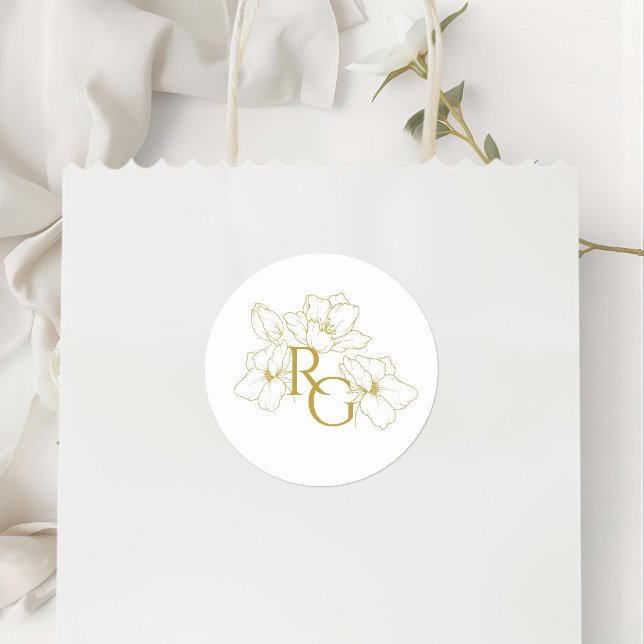 Floral Faux Gold Monogram Wedding  Classic Round Sticker (Creator Uploaded)