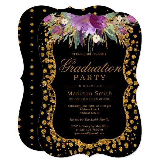 Floral Faux Gold Sparkle Confetti Graduation Party Card