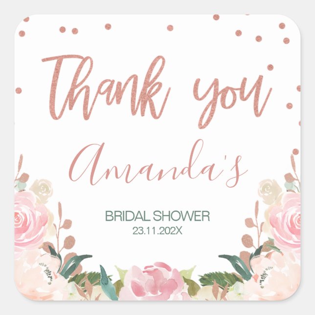 Floral Faux Rose Gold Bridal Shower Sticker (Front)