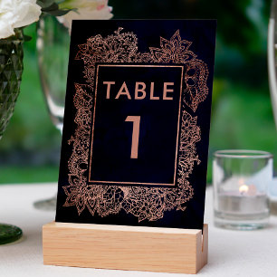 Floral faux rose gold navy blue watercolor table table number