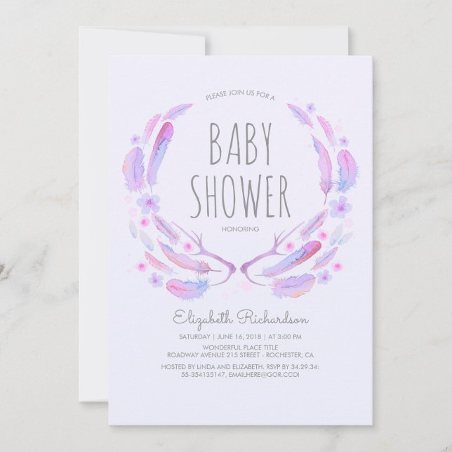 Floral Feather Antlers Woodland Boho Baby Shower Invitation (Front)