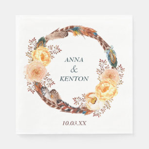 Floral Feather Wreath Wedding Napkin