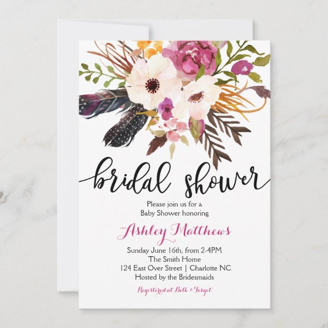 Floral feathers Floral Bridal Shower Invitation (Front)