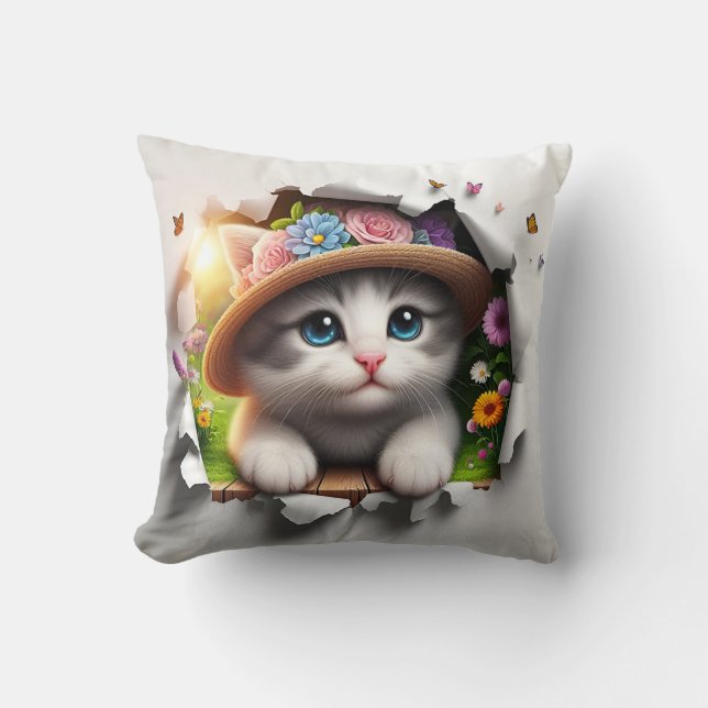 Floral Feline Fantasy: A Whimsical Cat Portrait Throw Pillow (Front)