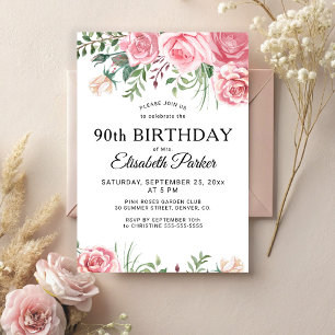 Floral feminine pink flowers 90th birthday party invitation