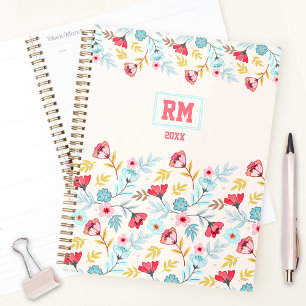 Floral Feminine Rose Crème Bleu Coloré Monogramme