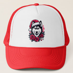 Floral Festive Husky Dog with Santa Hat Xmas Puppy