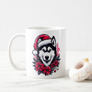 Floral Festive Husky Dog with Santa Hat Xmas Puppy Coffee Mug