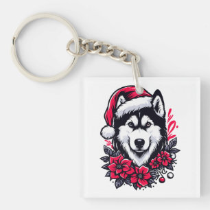 Floral Festive Husky Dog with Santa Hat Xmas Puppy Keychain