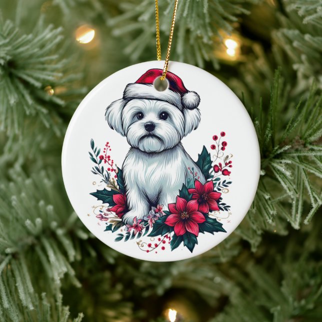 Floral Festive Maltese Dog with Santa Hat Xmas Dog Ceramic Ornament (Tree)