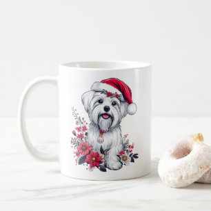 Floral Festive Maltese Dog with Santa Hat Xmas Dog Coffee Mug