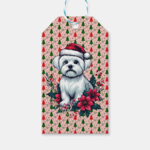 Floral Festive Maltese Dog with Santa Hat Xmas Dog Gift Tags